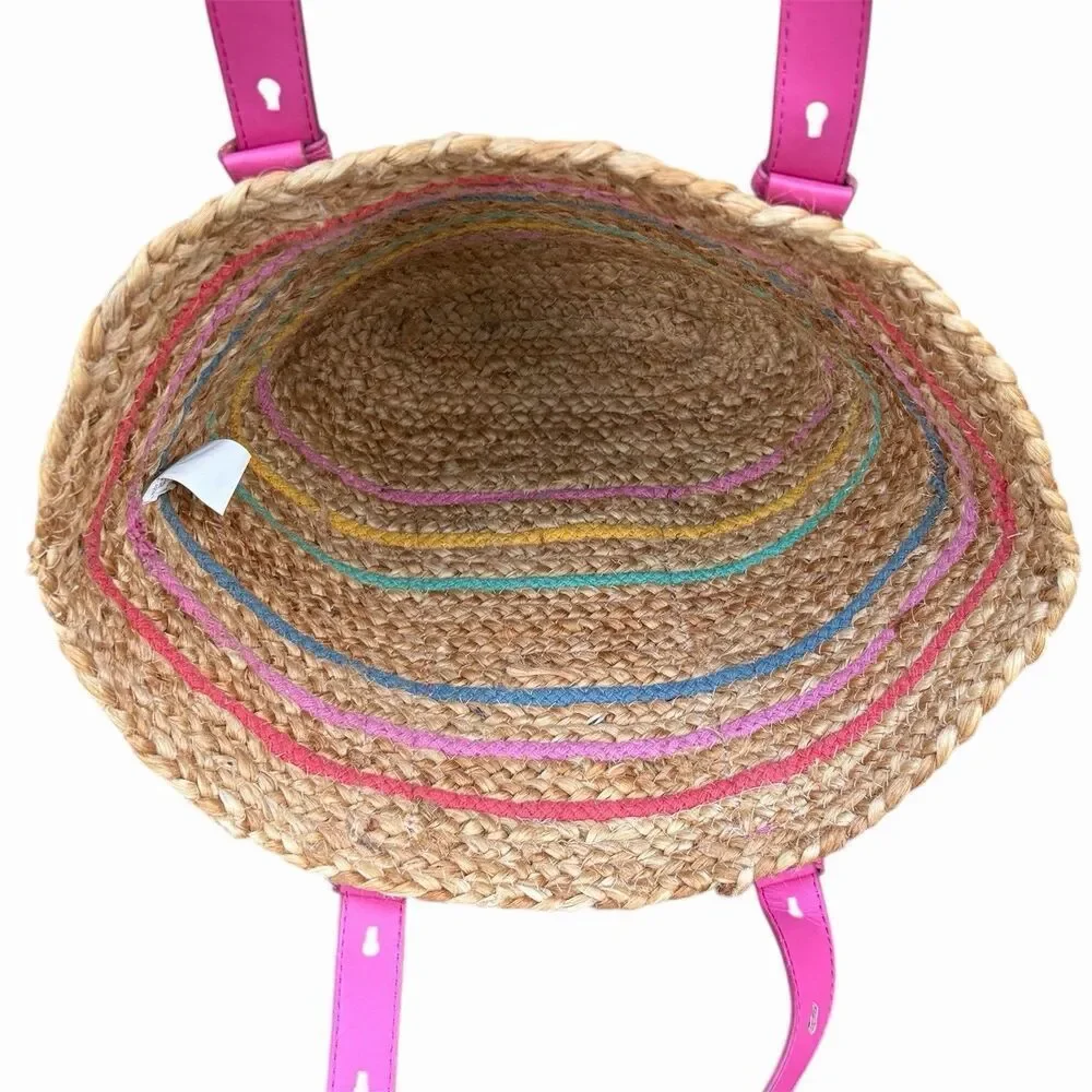 Time & Tru Natural Jute Straw Braided Striped Pink Pocket Tote/Shoulder Bag